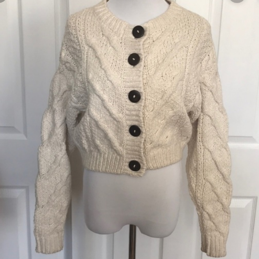 Free People Cream Cable Knit Button-Front Cropped Sweater